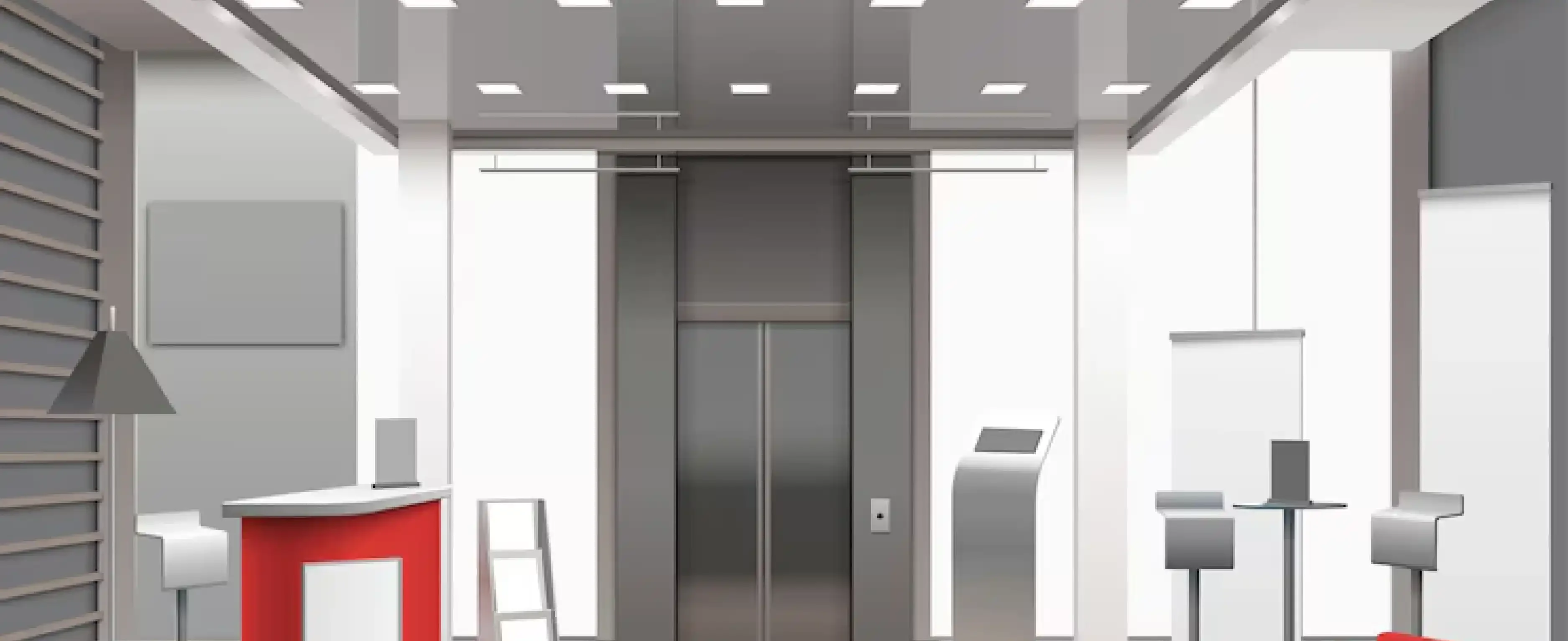 Modern office fit out design by Pino Construction Ltd featuring reception, seating, and elevator area.