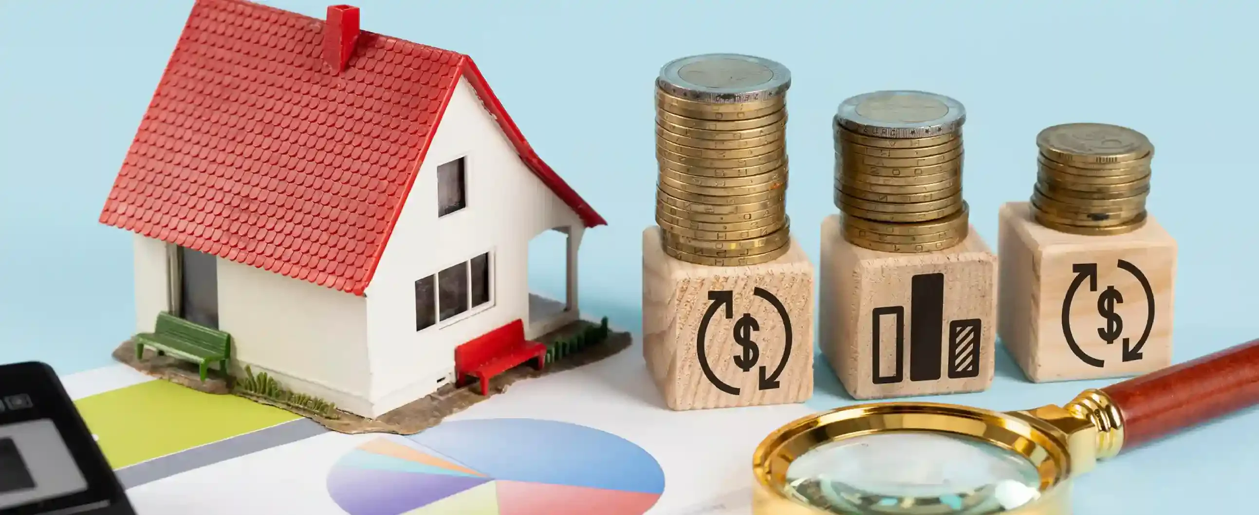 Model house with stacked coins, calculator, chart, and magnifying glass representing home extension costs and financial planning in 2025