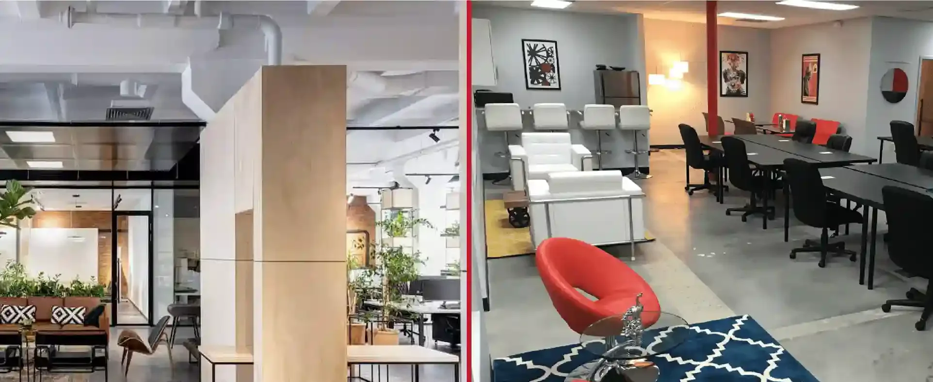 Side-by-side view of commercial interiors showing fit out and build out designs by Pino Construction Ltd, highlighting office and workspace customization.