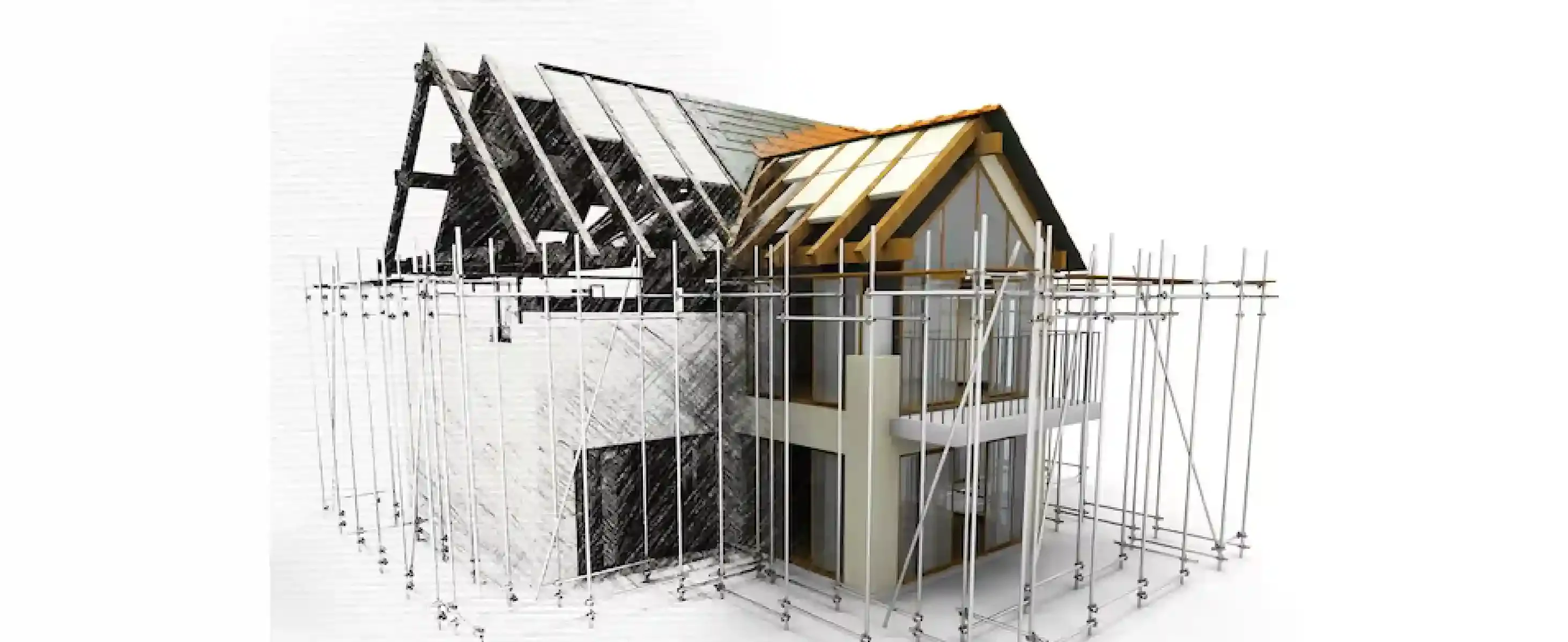 Illustration showing the construction stages of a new build house in the UK, from design sketch to completed structure by Pino Construction Ltd.