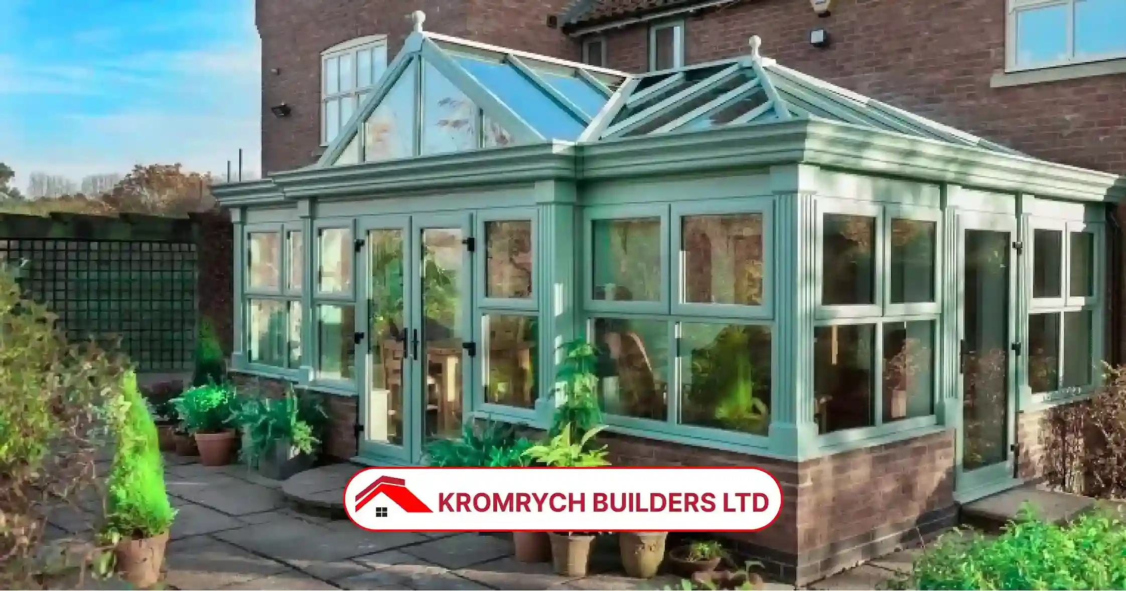 Stunning green-framed conservatory after expert roof and window repairs by Kromrych Builders—see how a simple fix can transform your space!