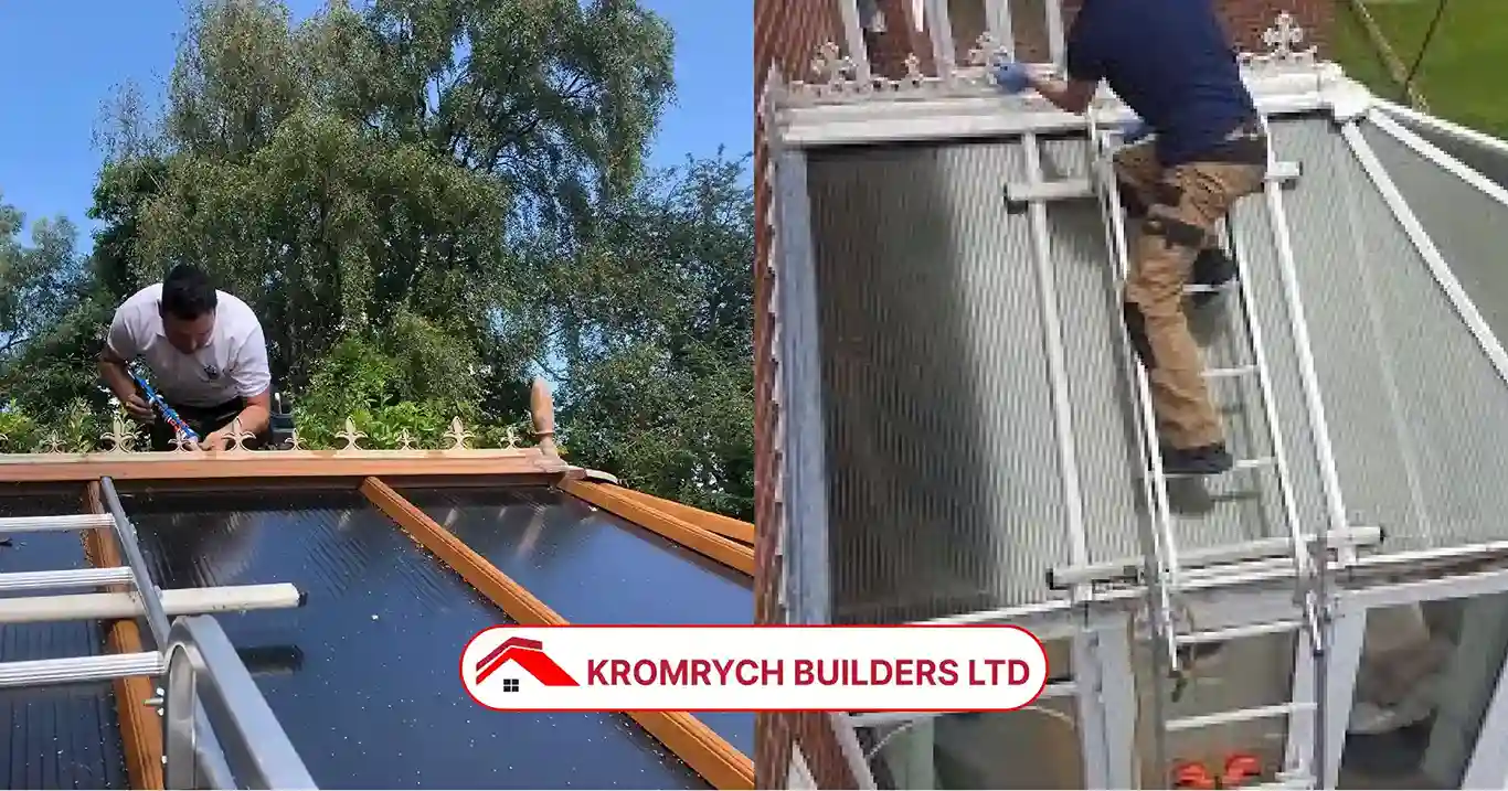 Professional workers repairing conservatory roofs with ladders and sealant, showcasing Kromrych Builders Ltd conservatory repair services.