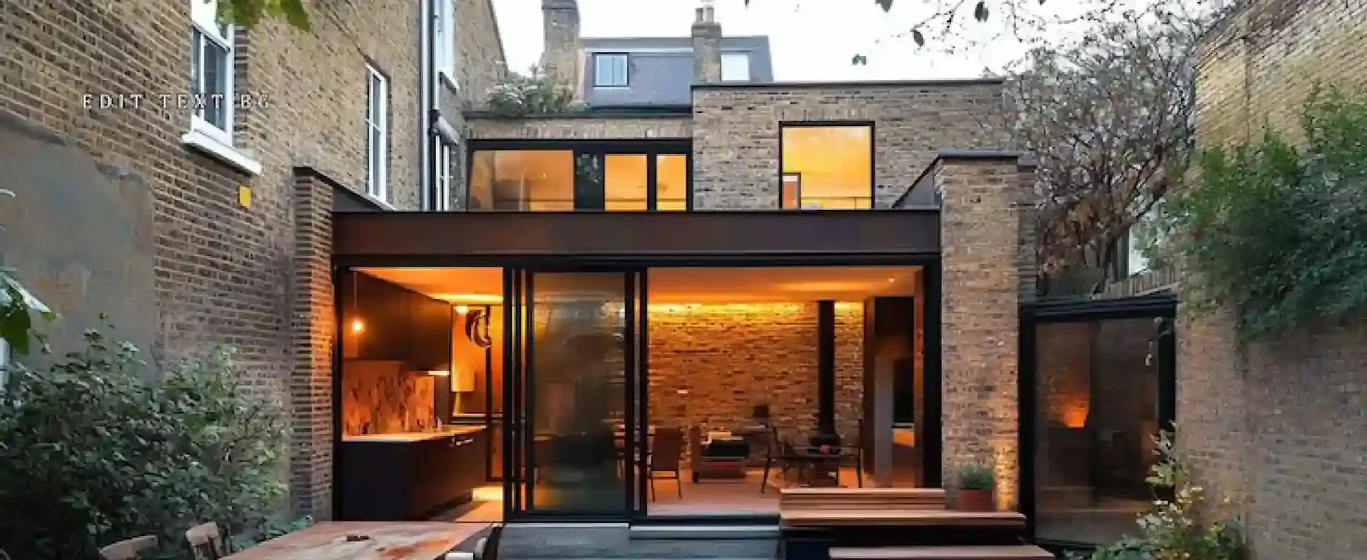 Construction of a modern house extension in progress, showing structural work and home improvement
