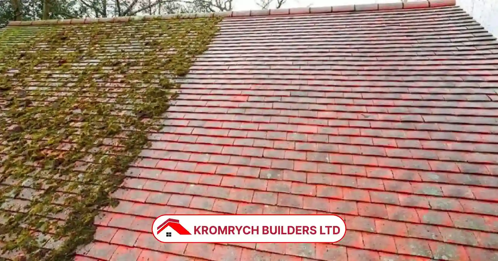 Half roof covered with moss and half clean red tiles – discover the hidden costs of roof moss removal in London and why timely cleaning saves thousands.
