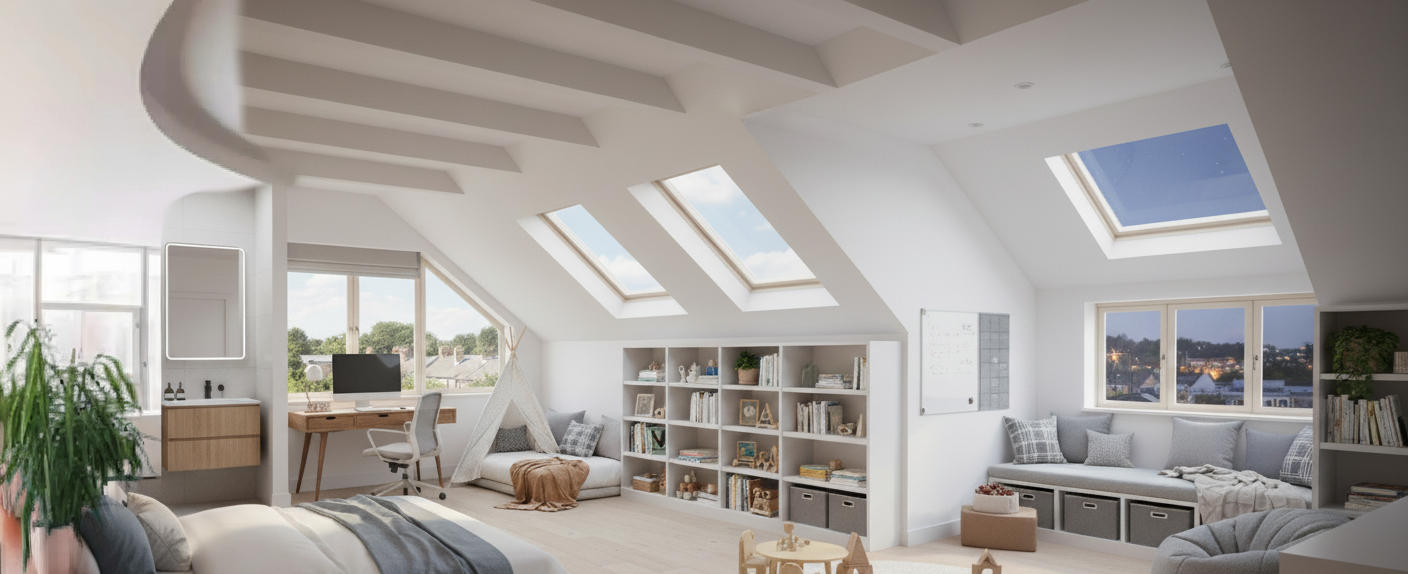 Modern loft conversion with skylights and stylish bedroom design by Pino Construction UK