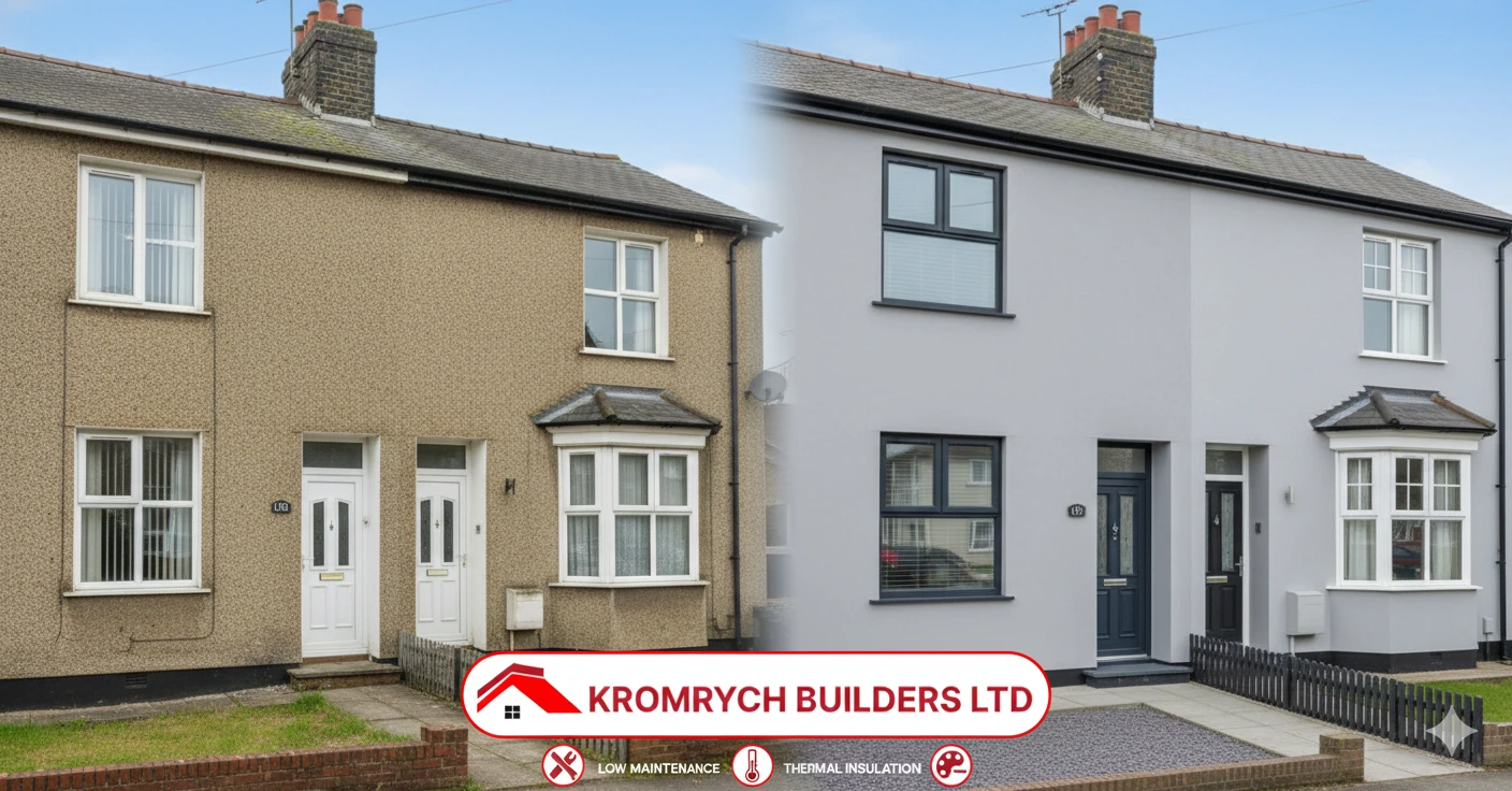 House rendering UK showing a modern home with smooth exterior finish by Kromrych Builders.