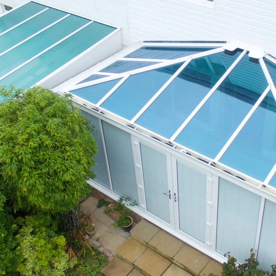 Conservatory with a glazed roof seen from above